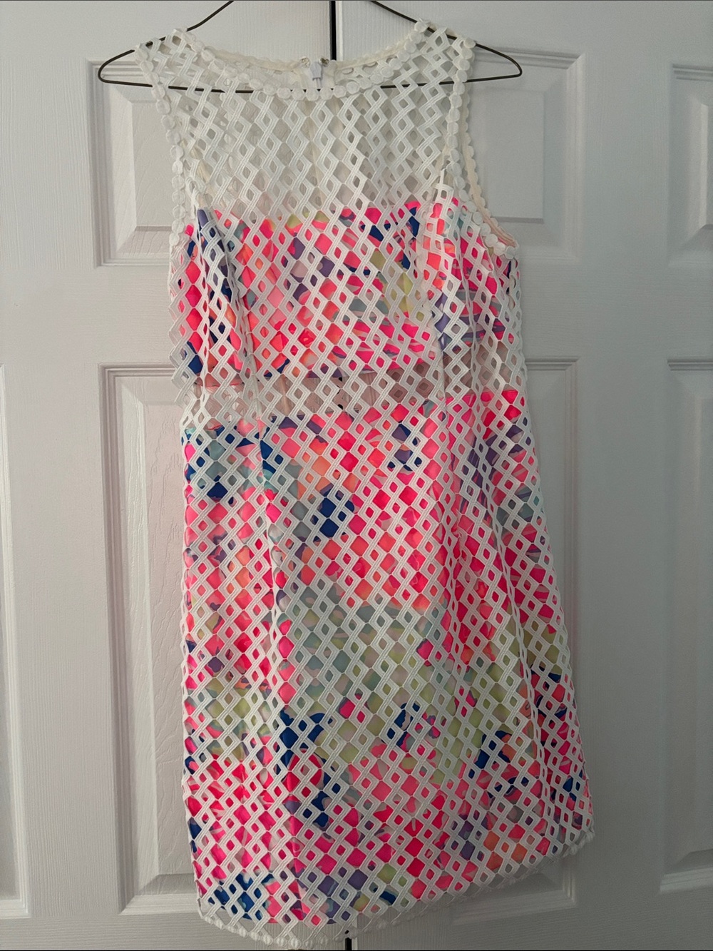 Lilly Pulitzer White Lattice Overlay Dress with Pink and Multi-Color Print